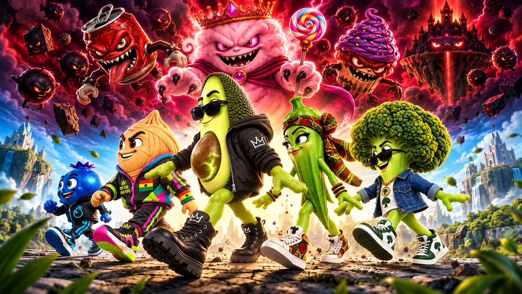 Avi, Berry, Kojo, Ama and Brocco charge into adventure as the candy monsters gather above