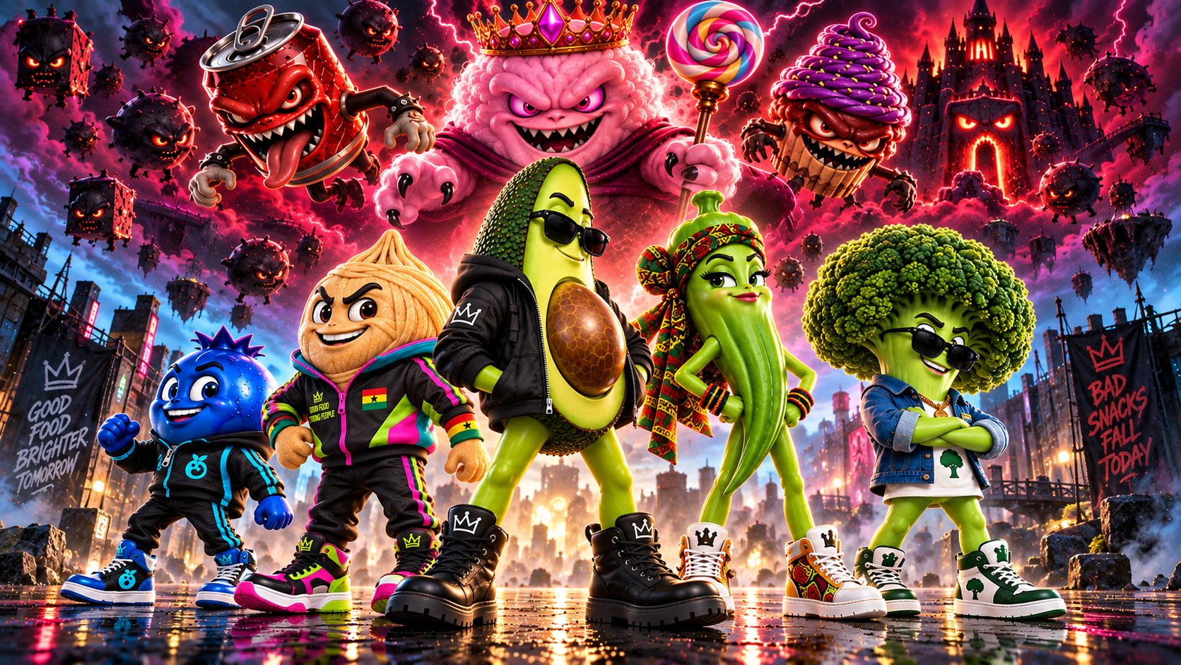 The food heroes face Sir Fizz and the candy monsters